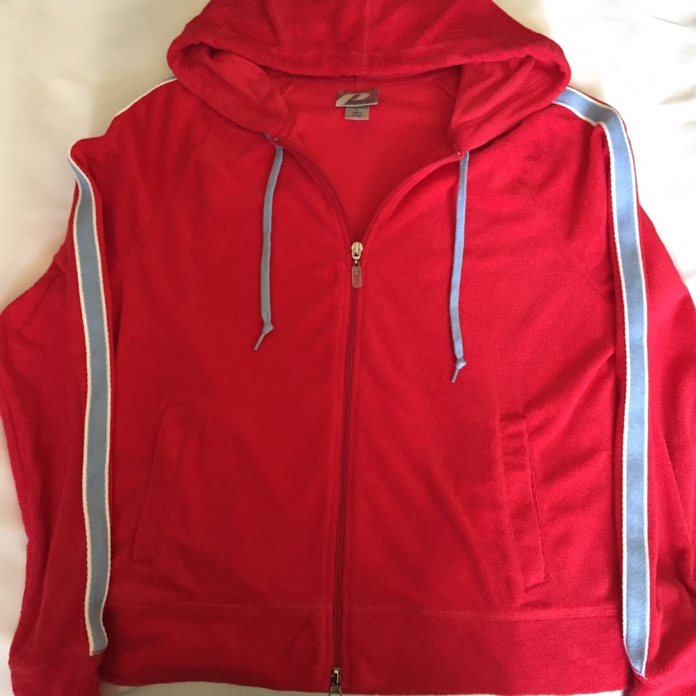 Red Terry Zip Up‎ Hoodie with Blue Varsity Stripe L